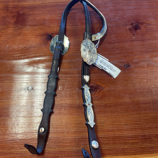 Dark leather Silver silgle ear headstall & Breast collar SET