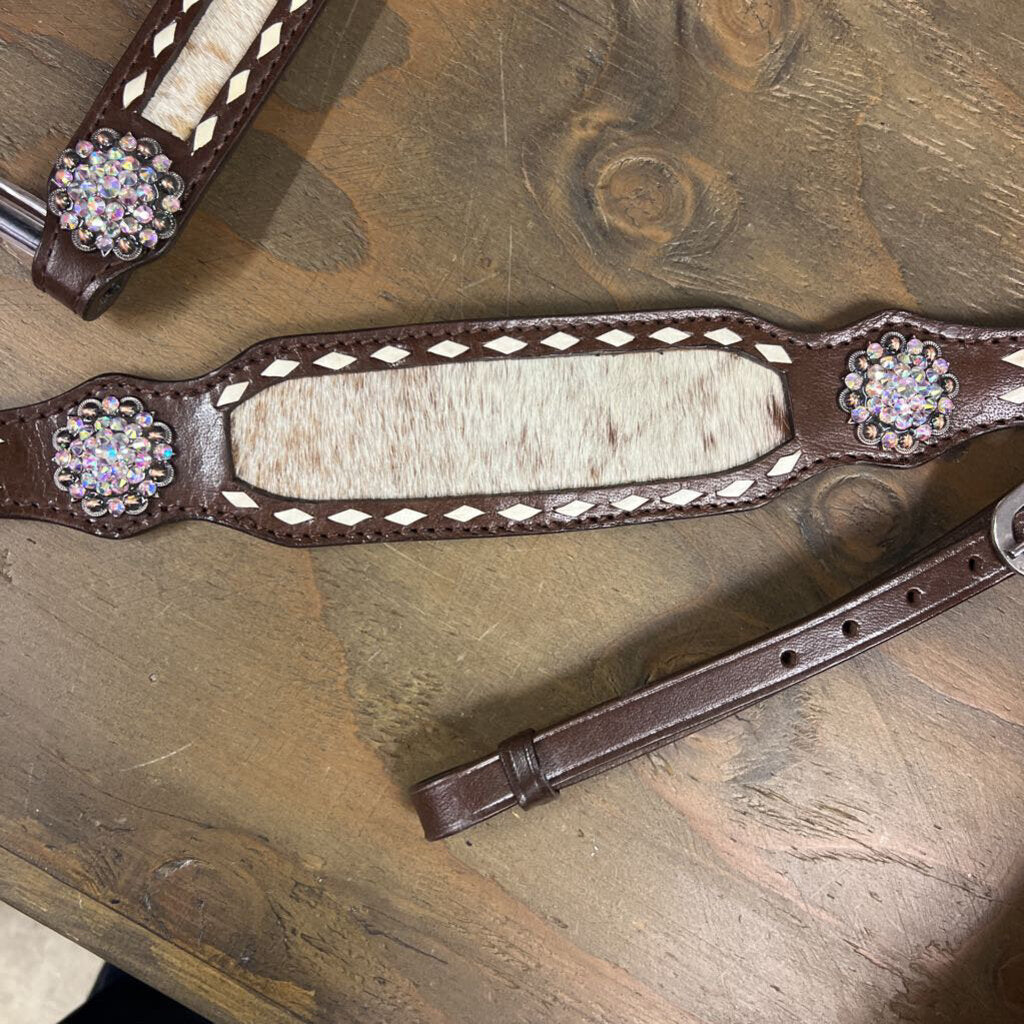 Brown and White hair on cowhide One Ear Headstall and Breast Collar Set